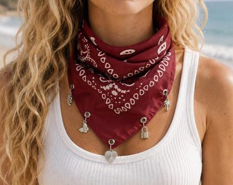Western Cotton Bandana with Charm, Bandana Custom Jewelry, Personalized Scarf with Silver Charms, Trendy Summer Fashion