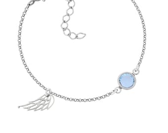 Angel Wing Bracelet, Memorial Bracelet, Angel Wing Jewelry, Wing Charm Bracelet, Birthstone Bracelet, Sympathy Gift, Sterling Silver Wing