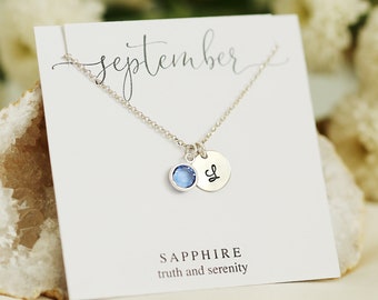 September Birthstone Necklace, Custom Initial Necklace, Sapphire Birthstone Necklace, September Birthday Gift, Name Necklace, Gift for Her