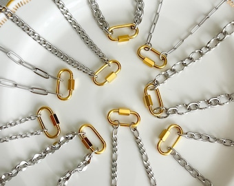 Mixed Metal Carabiner Necklace, Two-Tone Stainless Steel Paper Clip Chain, Charms Holder Jewelry, 100% Waterproof Anti-Tarnish