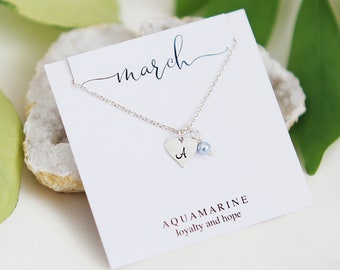 March Birthstone Necklace, Initial Heart Necklace, Best Friend Birthday Gift, Personalized Gifts for Daughter, Aqua Birthstone Jewelry