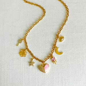 Charm Trendy Necklace for Women, Gold Pink Heart Charm Necklace, Layering Necklace for Her, Multi Charm Necklace, Birthday Gift for Daughter