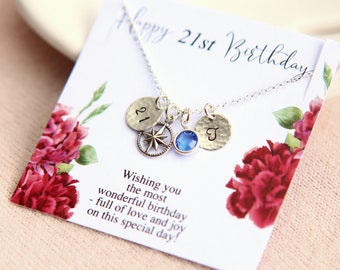 21st Birthday Gift for Her, Silver Compass Pendant, Dainty Initial Necklace, Personalised Jewelry, Birthstone Necklace, Best Friend Gift