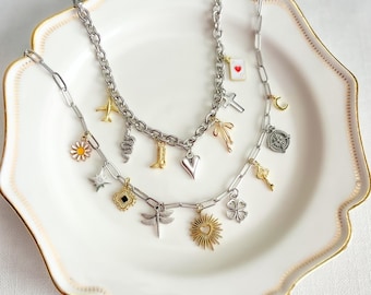 Custom Gold and Silver Charm Necklace, Personalized Mix Metal Pendant, Vintage Style Chunky Jewelry