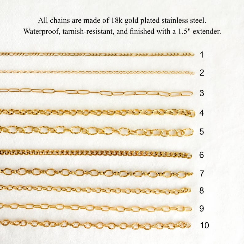 Op de afbeelding: Tien goudkleurige kettingen van 18k verguld roestvrij staal, genummerd van 1 tot 10. De tekst luidt: All chains are made of 18k gold plated stainless steel. Waterproof, tarnish-resistant, and finished with a 3,81 cm extender.