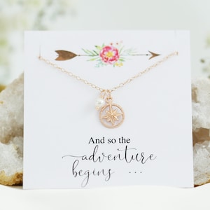 Rose gold compass charm with tiny pearl and rose gold filled chain.