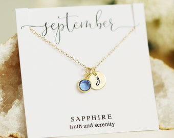 September Birthstone Necklace, Custom Initial Necklace, Personalized Disc Necklace, Sapphire Gold Necklace, Personalized Birthday Gift