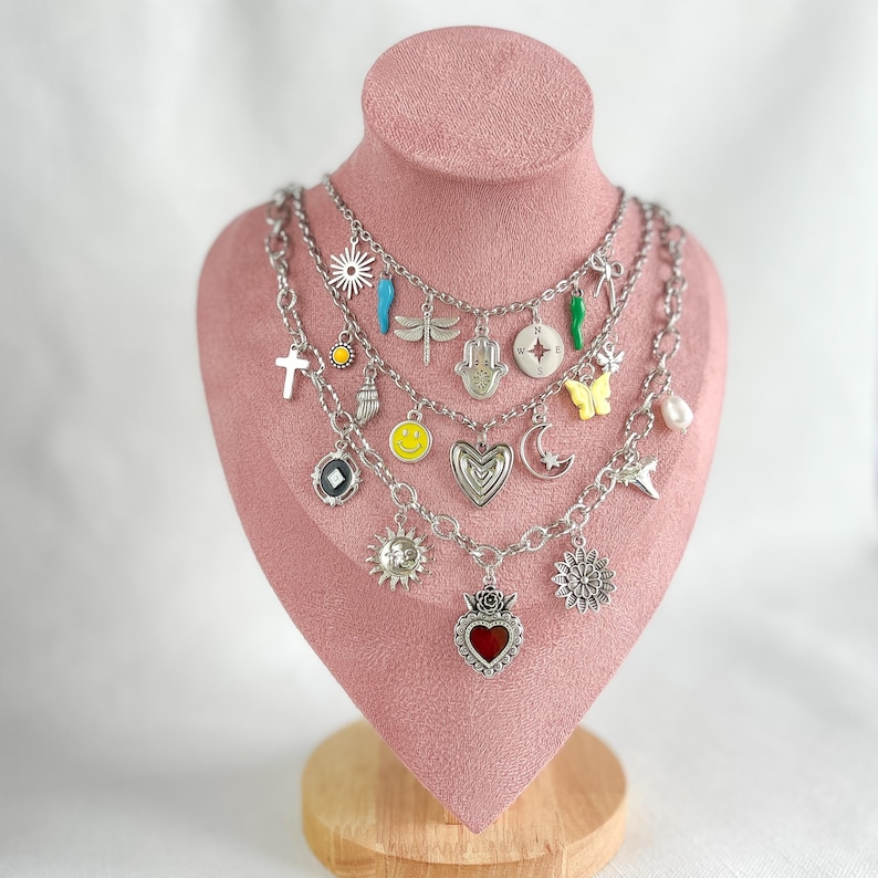 silver charms  on silver chunky chain, multi charms necklace