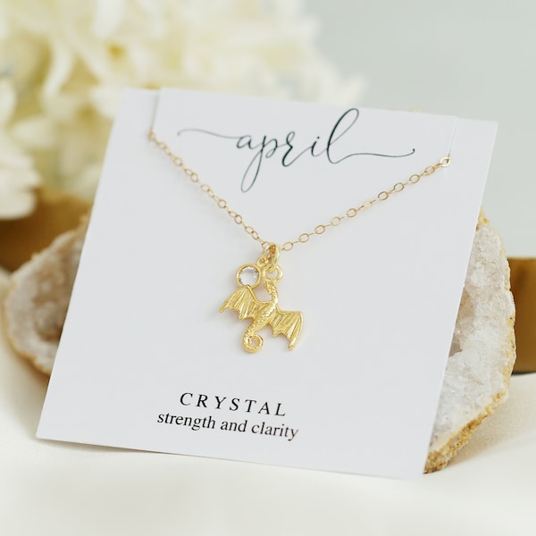 Gold Dragon Necklace, April Birthstone Necklace, Tiny Dragon Jewelry, Birthday Gift for Best Friend, Personalized Jewelry, Strength Jewelry