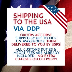 Op de afbeelding: Een wit vierkant bord met rode en blauwe tekst die luidt: SHIPPING TO THE USA VIA DDP. ORDERS ARE FIRST SHIPPED BY UPS TO OUR U.S. WAREHOUSE, THEN DELIVERED TO YOU BY USPS! ALL CUSTOMS DUTIES & IMPORT FEES ARE ALREADY INCLUDED - NO EXTRA CHARGES ON DELIVERY!