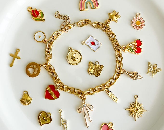 Custom Gold Charm Bracelet, Build Your Own Trendy Jewelry, Bracelet Bridesmaids, 18K Gold Waterpoof Anti-Tarnish