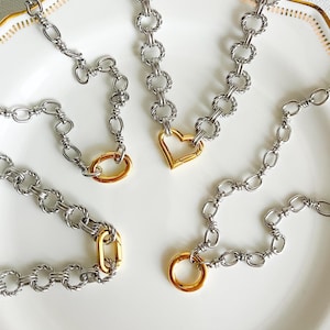 Mixed Metal Carabiner Necklace, Two-Tone Silver Stainless Steel Chunky Chain