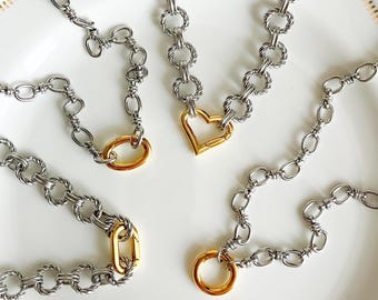 Mixed Metal Carabiner Necklace, Two-Tone Silver Stainless Steel Chunky Chain, Charms Holder Jewelry, Waterproof Anti-Tarnish
