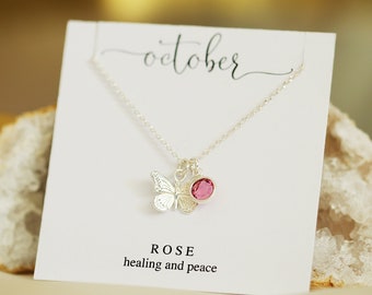 October Birthday Gift, Butterfly Necklace for Daughter, Birthstone Crystal Jewelry, BFF Gift Idea, Sterling Silver Necklace, Graduation Gift