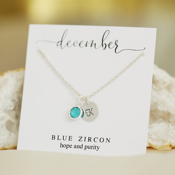 December Birthstone Necklace, Custom Initial Jewelry for Her, Silver Name Necklace for Women, Personalized Gift for Daughter