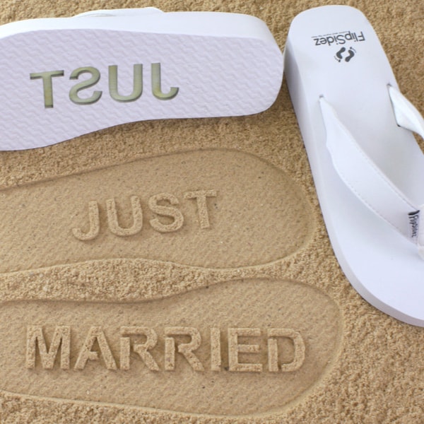 Just Married Wedge Sandals - Custom Sand Imprint for Flip Flops Wedding, Bridal, Honeymoon