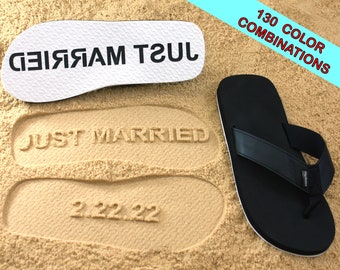 Just Married Wedding Date Custom Sand Imprint Sandals - Available in 130 Color Combinations