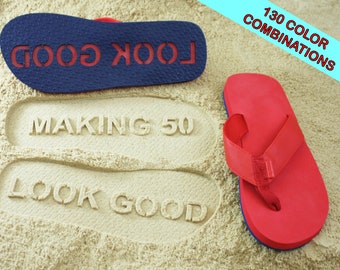 Personalized Birthday Milestone Flops Sand Imprint Sandals. Customize age or entire design. - Available in 130 Color Combinations