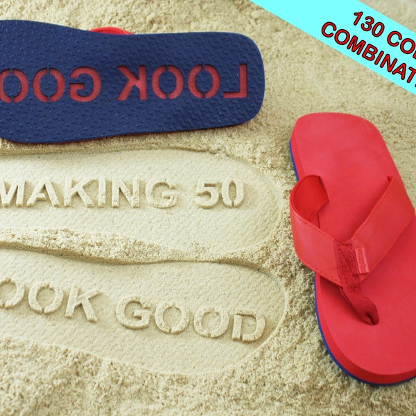 Personalized Birthday Milestone Flops Sand Imprint Sandals. Customize age or entire design. - Available in 130 Color Combinations