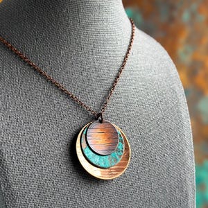 Hammered Copper Necklace and Earrings Set: Rustic Patina Boho Jewelry, Personalized 7th Anniversary Gift