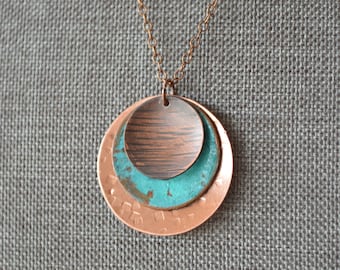 Boho Copper Necklace, Hammered Copper Necklace and Earring Set, Rustic Patina Jewelry for Women, 7th Anniversary Gift For Wife