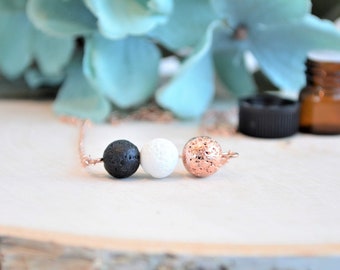 Trio Lava Bead Necklace, Essential Oil Necklace, Rose Gold Diffuser Jewelry, Aromatherapy Gifts For Women