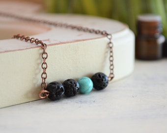 Copper Essential Oil Necklace, Lava Rock Diffuser Necklace, Turquoise Aromatherapy Jewelry and Gifts