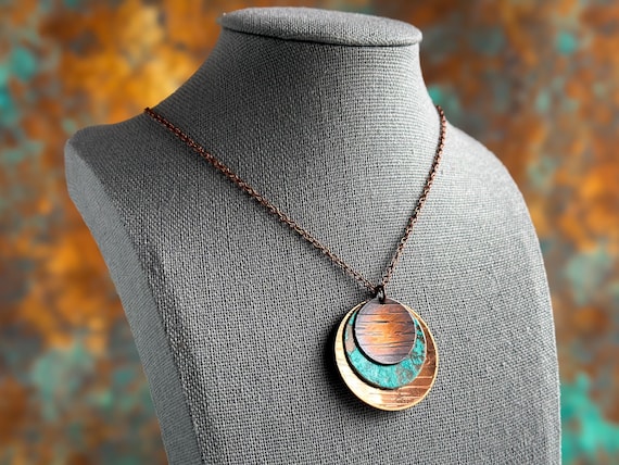 Hammered Copper Necklace and Earrings Set: Rustic Patina Boho Jewelry, Personalized 7th Anniversary Gift