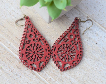 Red Wood Earrings, Boho Red Filigree Wood Earrings, Lightweight Teardrop Dangle Earrings, Statement Jewelry, Gifts for Women