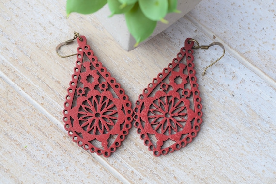 Red wooden earrings deals