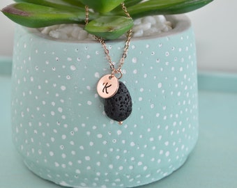 Essential Oil Necklace, Lava Rock Necklace, Personalized Initial Charm, Aromatherapy Jewelry and Gifts For Women in Rose Gold