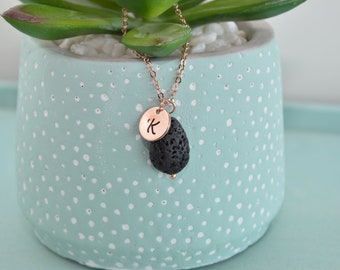 Rose Gold Diffuser Necklace, Essential Oil Initial Necklace, Lava Stone Necklace, Personalized Gifts For Women