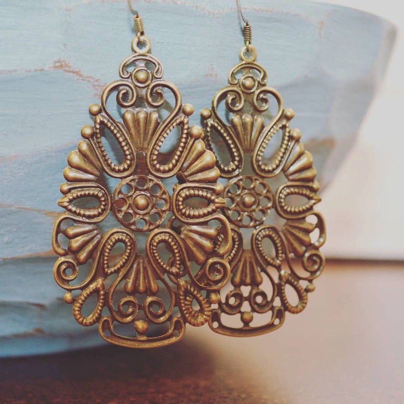 Boho Earrings Dangle Turquoise Drop Earrings Filigree Bronze Etsy