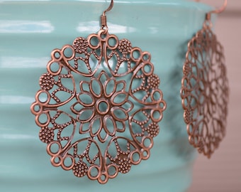 Antique Copper Earrings, Copper Earrings, Boho Earrings, Filigree Metal Earrings, Lightweight Earrings, Metal Earrings, Flower Earrings