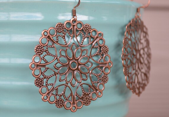 Antique Copper Earrings, Copper Earrings, Boho Earrings, Filigree Metal Earrings, Lightweight Earrings, Metal Earrings, Flower Earrings