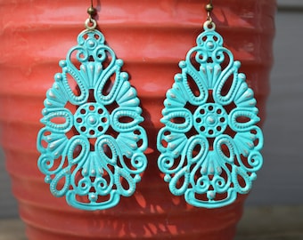 Boho Earrings Dangle, Turquoise Drop Earrings, Filigree Bronze Earrings