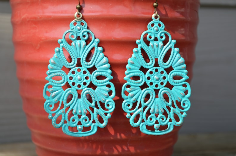 Boho Earrings Dangle Turquoise Drop Earrings Filigree Bronze Etsy