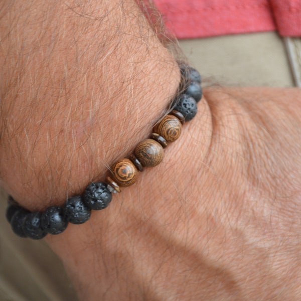 Men's Essential Oil Diffuser Bracelet, Black and Wood Bead Lava Stone Bracelet, Anxiety Stress Relief Jewelry, Gifts For Son