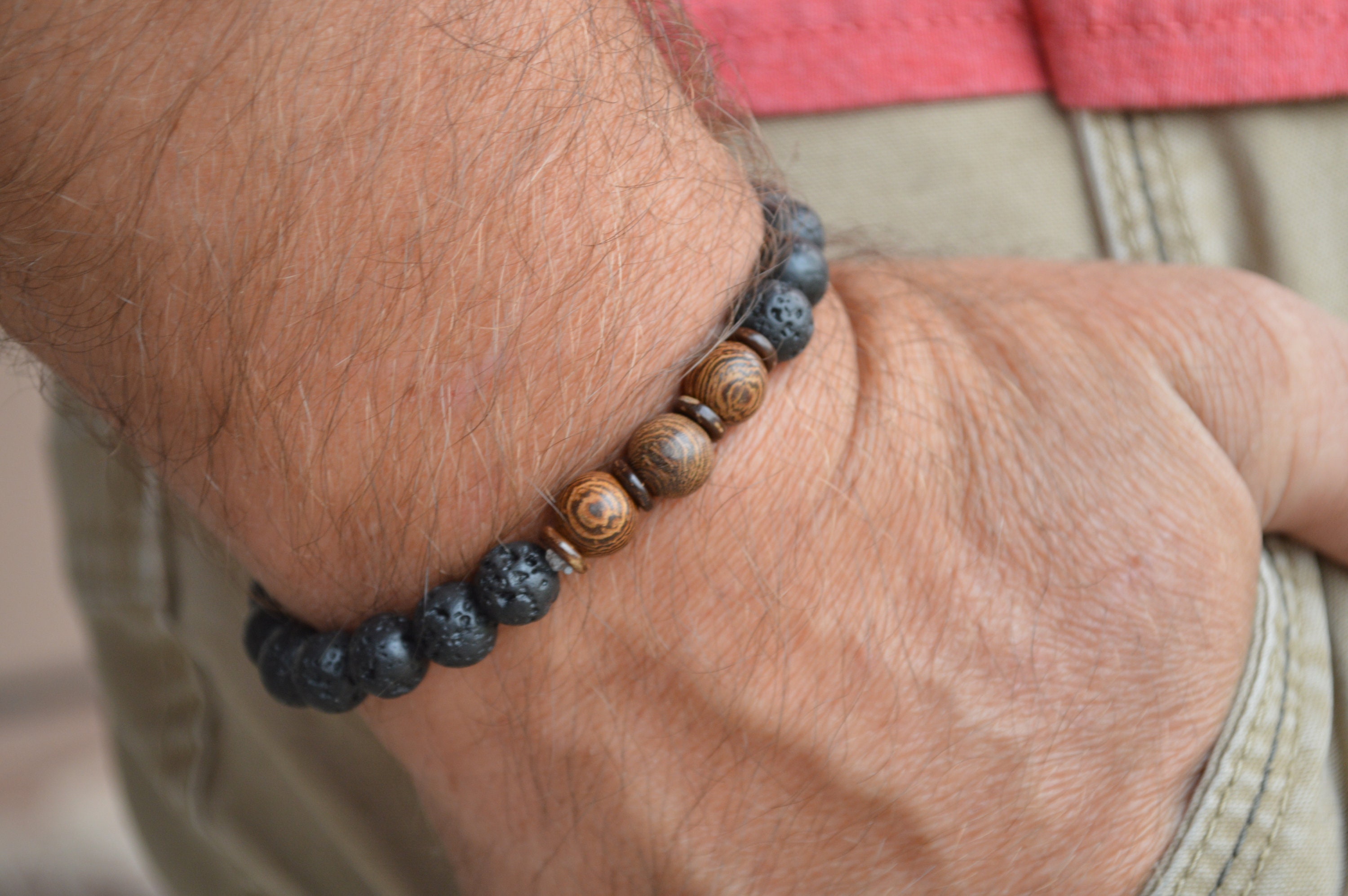 Men s Essential Oil Diffuser Bracelet Black and Wood Bead Lava