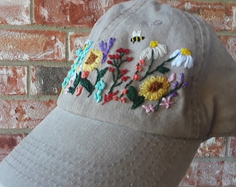 Hand Embroidered Adjustable Hat: The Meadow