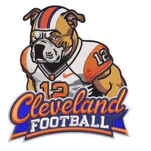 May include: Embroidered patch featuring a bulldog wearing a football uniform with the number 12. The patch has the words "Cleveland FOOTBALL" in orange and blue. The bulldog is wearing a helmet with orange and white stripes.