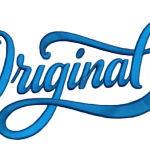 Peut inclure: Motif bleu du mot "Original" sur fond blanc. Le mot est écrit en cursive avec un effet 3D, créant une ombre. Le design est adapté à diverses applications.