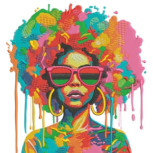 Peut inclure: Un portrait abstrait coloré d'une personne avec une grosse coiffure afro et des lunettes de soleil roses. L'image est composée de différentes couleurs et formes, créant un design vibrant et dynamique.