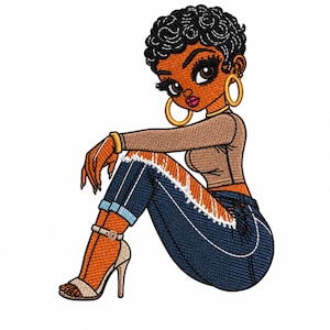 May include: An embroidered patch design featuring a character with short black curly hair, large brown eyes, and long eyelashes. The character wears a tan long-sleeved top, dark blue distressed jeans with white lacing, gold hoop earrings, and high heels.