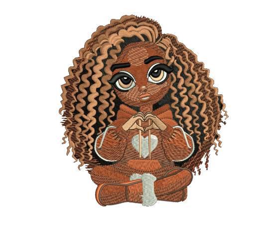 Afro American Girl wit  heart of gold embroidery files