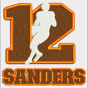 May include: Embroidered design featuring the number 12 in brown with orange trim, a white football player silhouette, and the name "SANDERS" in orange. The design is likely for sports apparel or fan merchandise.