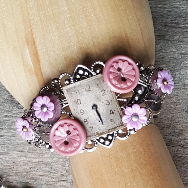 Steampunk Victorian Silver Filigree Lace Cuff Bracelet with Upcycled Dusty Pink Buttons, Lilac Flower, Antique Watch Cogs and Dial