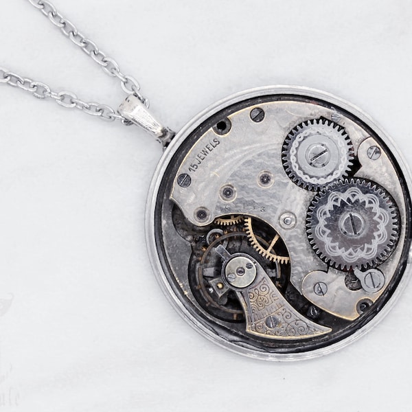 Collier pendentif unisexe Steampunk argent mouvement montre de poche, collier acier inoxydable hypoallergénique, collier homme Steampunk