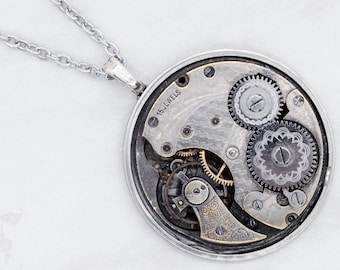 Unisex Steampunk Silber Taschenuhr Bewegung Anhänger Halskette, Hypoallergen Edelstahl Halskette, Upcycled Statement Herren Halskette