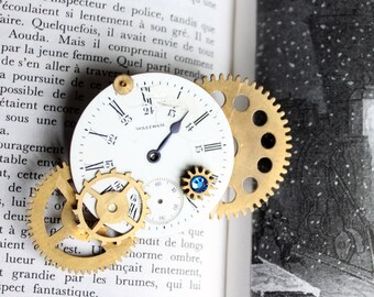 Steampunk Brooch with Antique Porcelain Pocket Watch Dial Face with Brass Gears and Cogs, Blue Metal Hand and Blue Swarovski Crystal